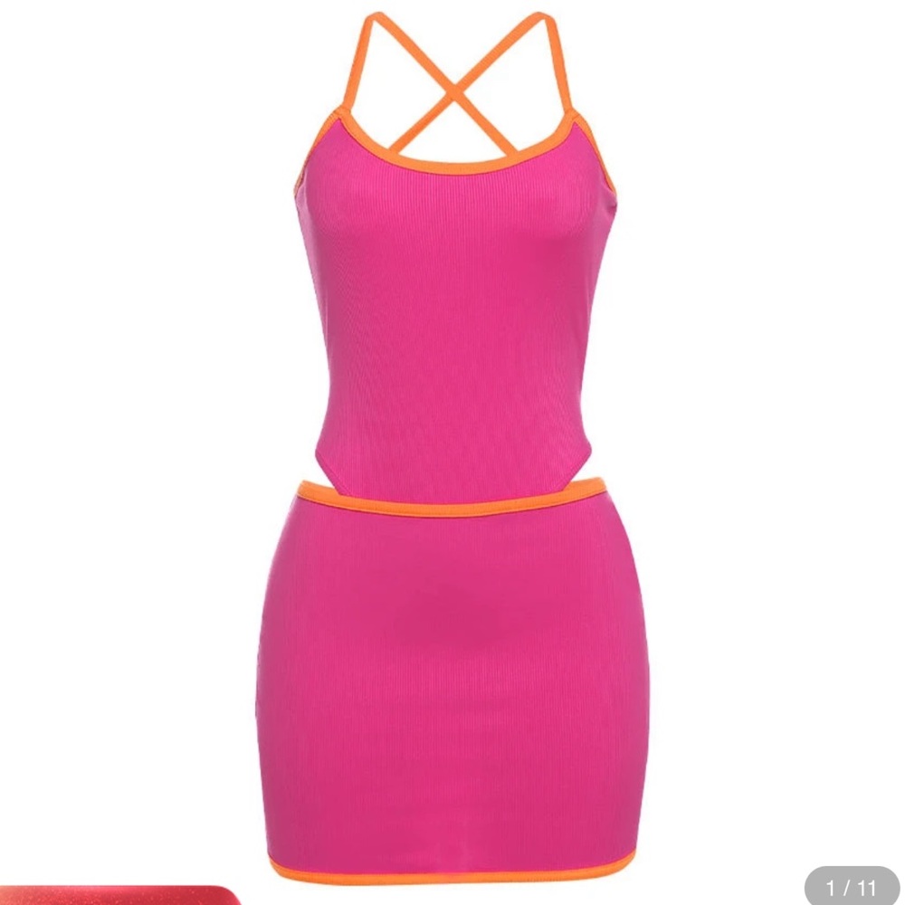 NWT Hot Pink with Orange Trim Neon Ribbed Bodysuit and Mini Skirt Set